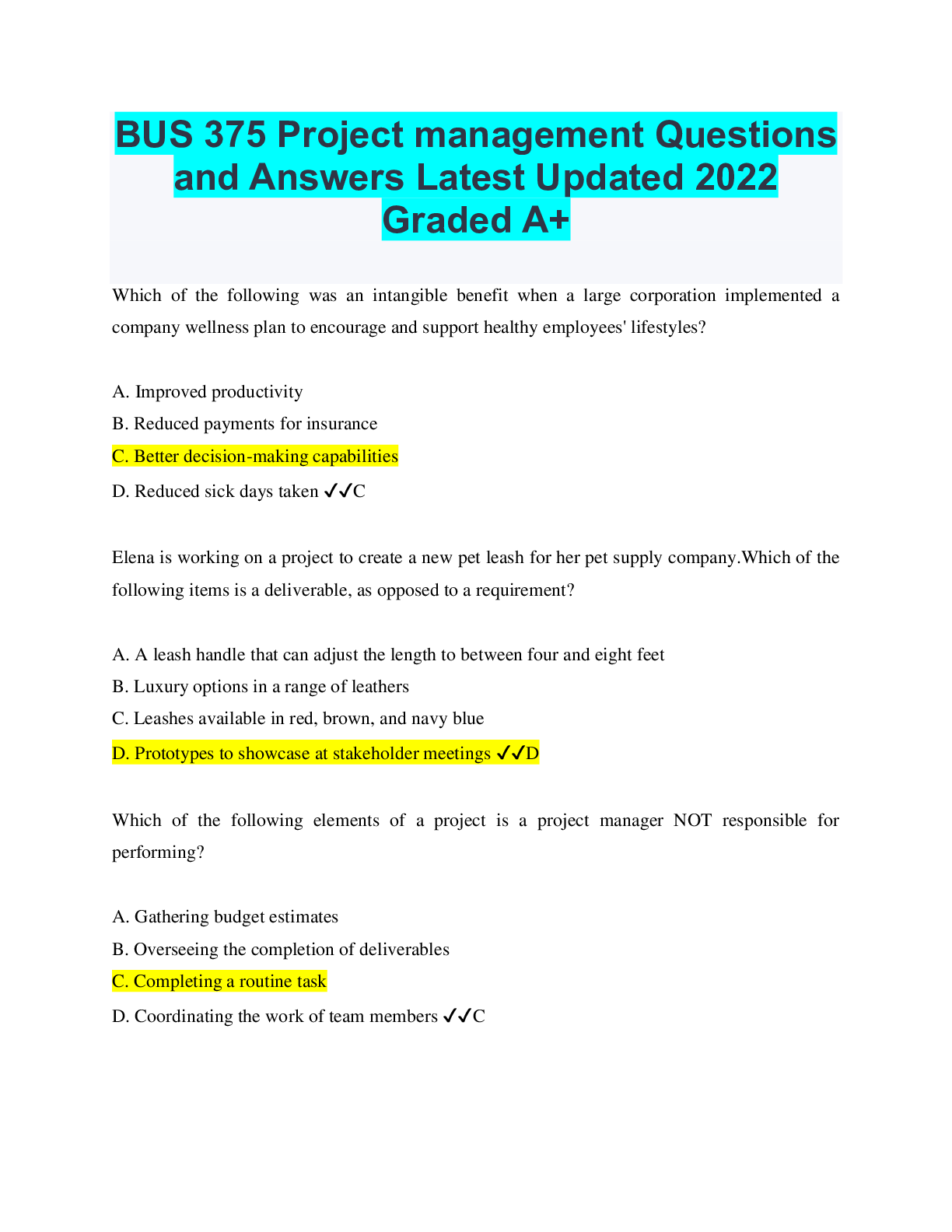 Preview of BUS 375 Project management Questions and Answers Latest Updated 2022 Graded A+